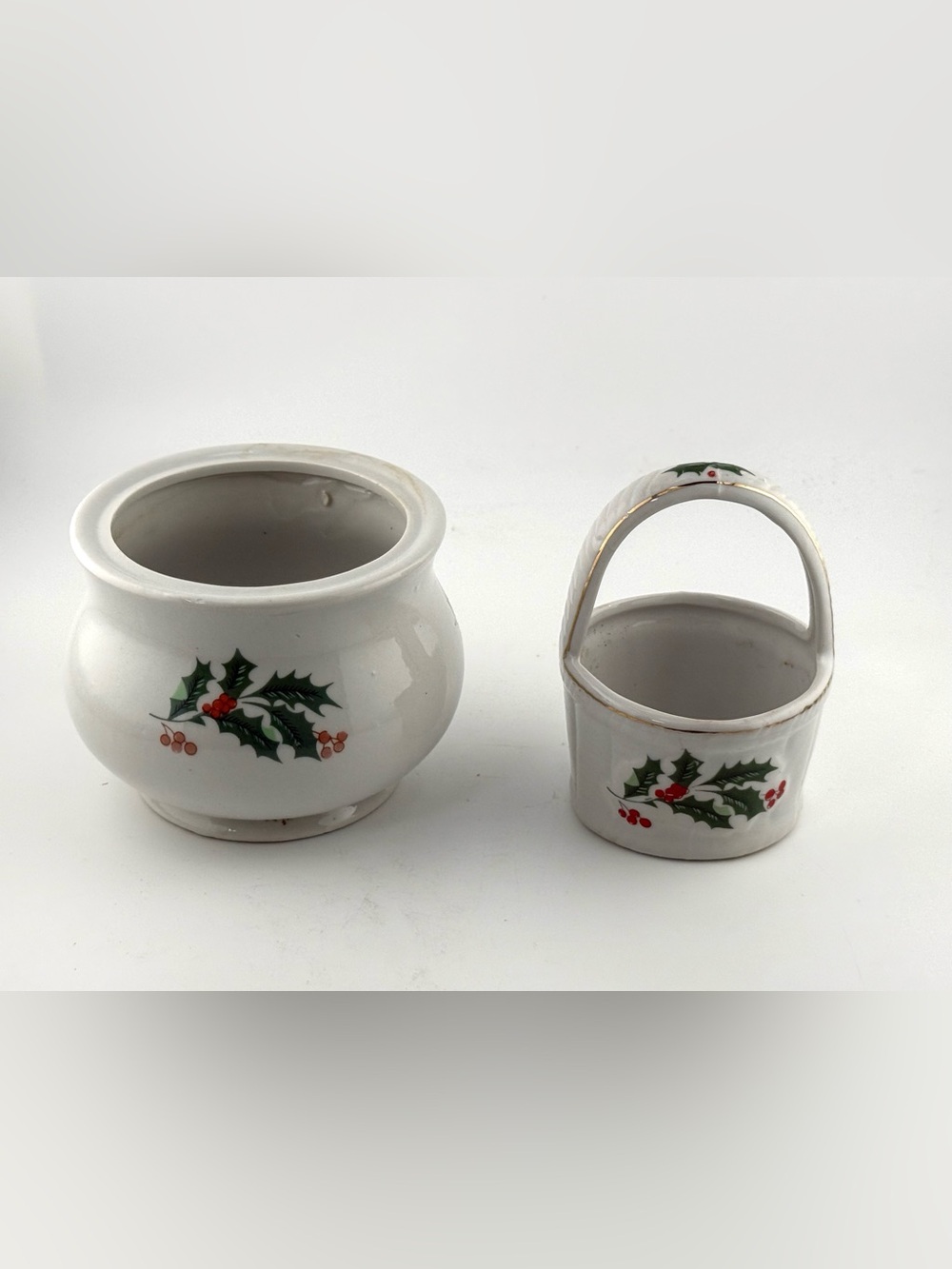 Vintage Christmas Holly Porcelain Set - Sugar Bowl & Mini Basket